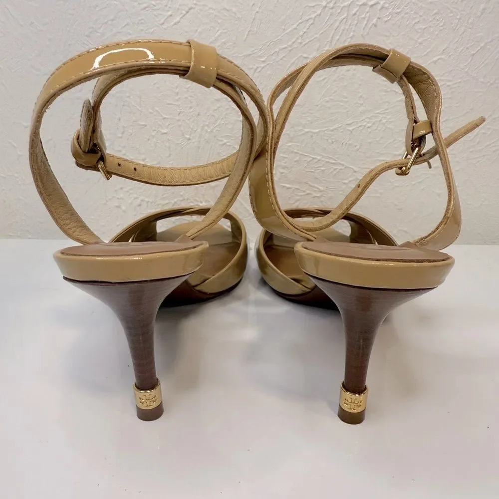 Tory Burch Tania Patent Leather Ankle Strap Sandals Tan 6.5